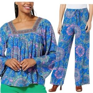 One World Square Embroidered Neck Flowy Top Marching Pull On Drawstring Wide Leg